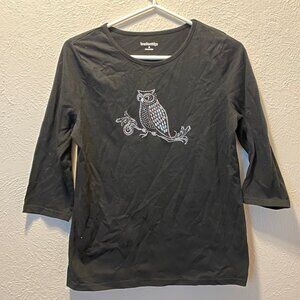 Breckenridge Black 3/4 Sleeve Top With Metallic Owl - Women's Small
